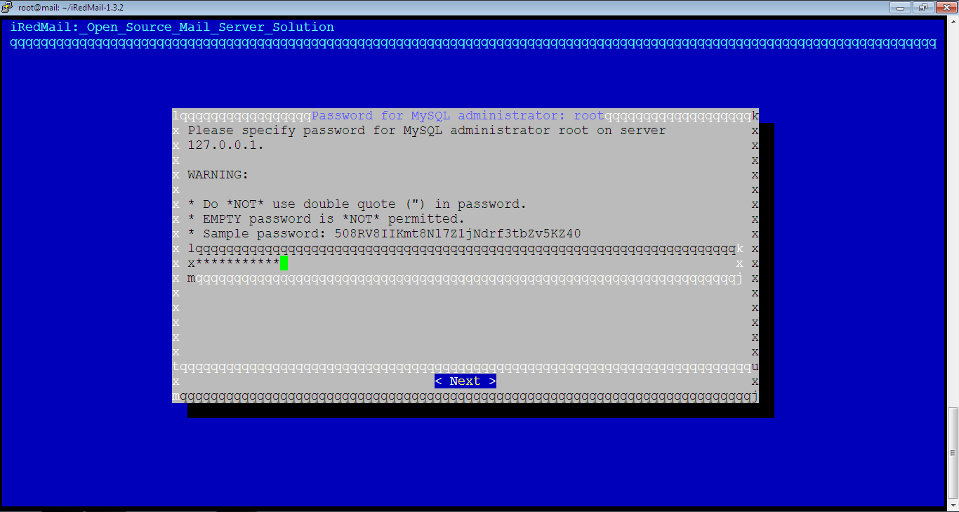 Enter iRedMail MySQL Root Password
