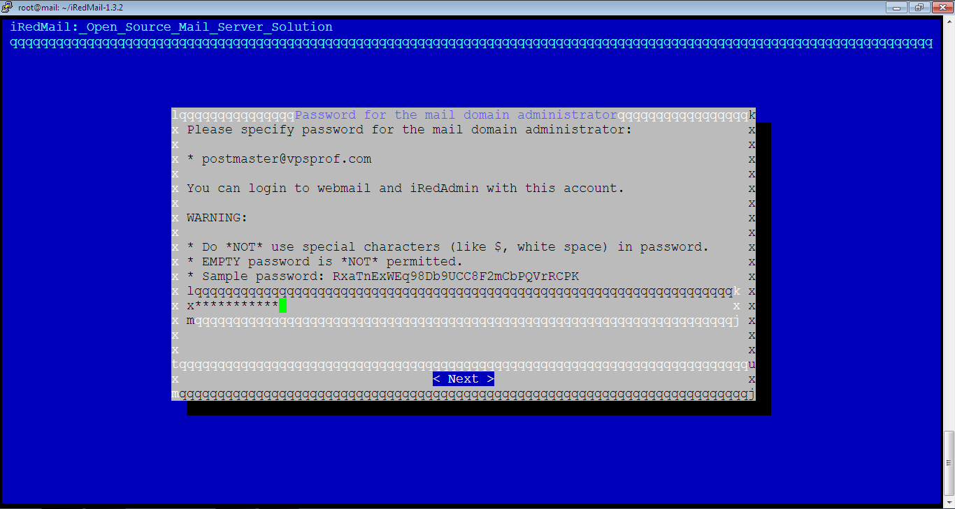 Enter iRedMail Postmaster Password
