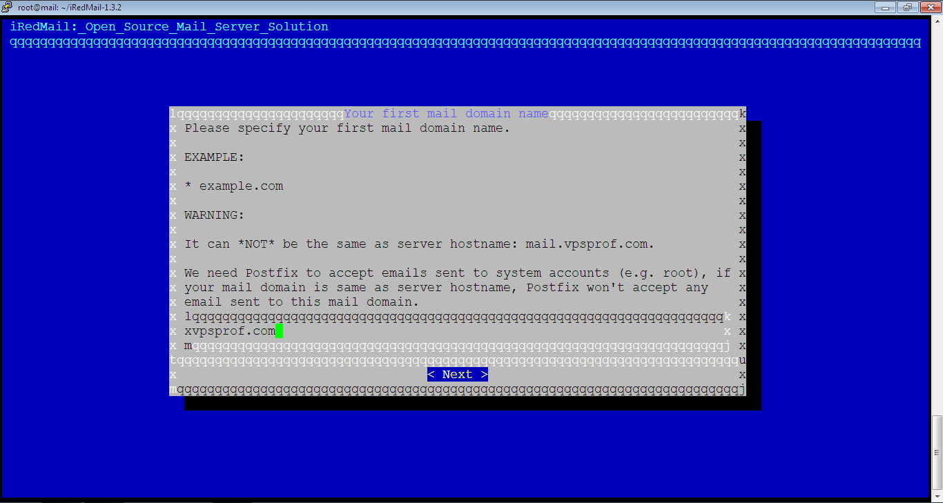iRedMail First Mail Domain Name is Entered