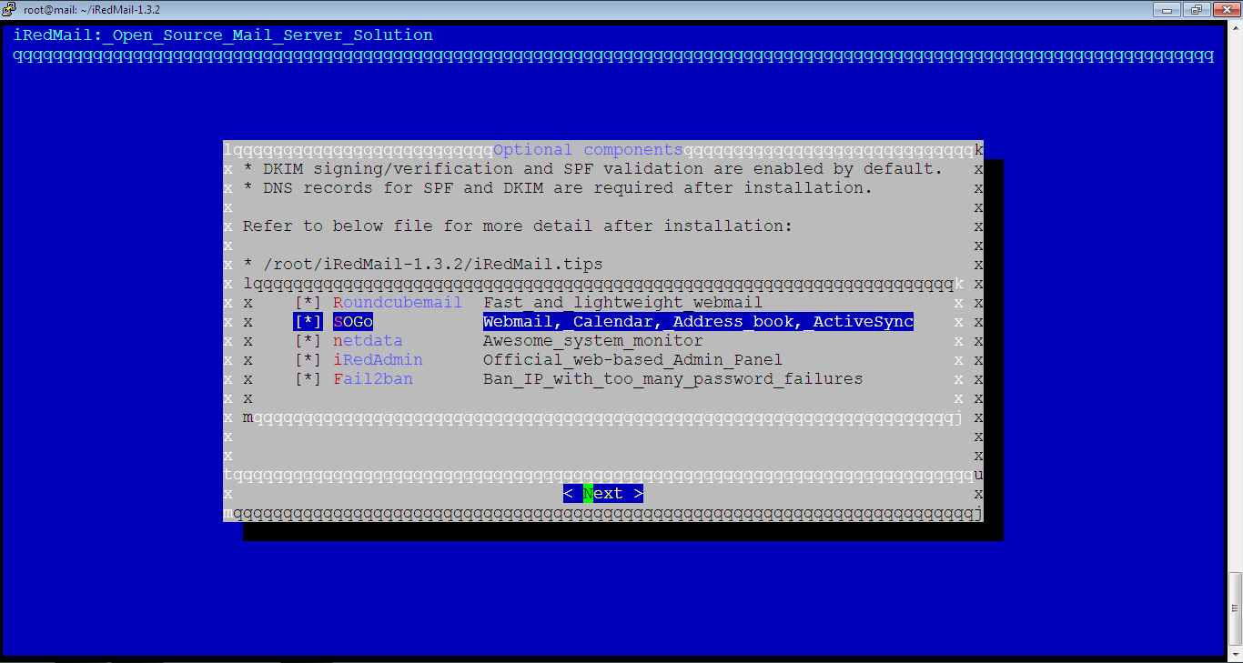 iRedMail Optional Components Sogo is Selected