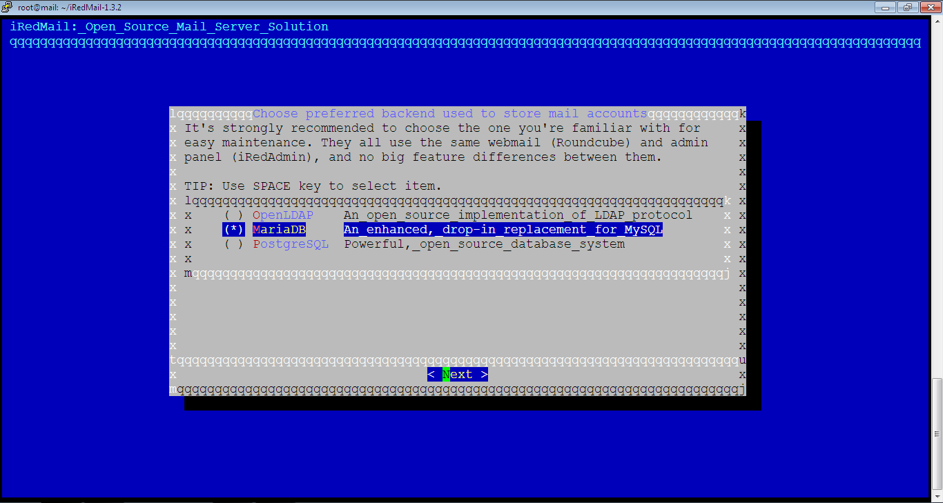 iRedMail Storage Backend MariaDB Selected
