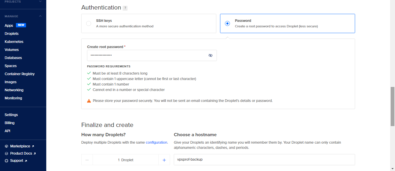 Choose Authentication, Droplets Number and Hostname