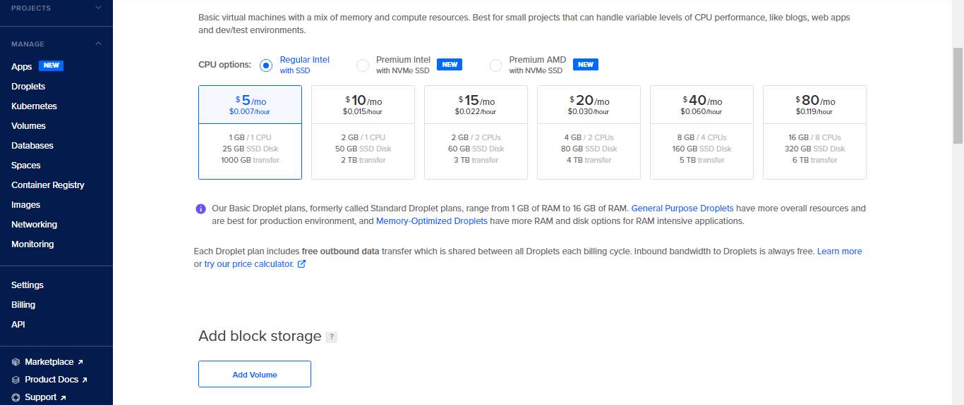 Choose CPU Options, Budget and Block Storage