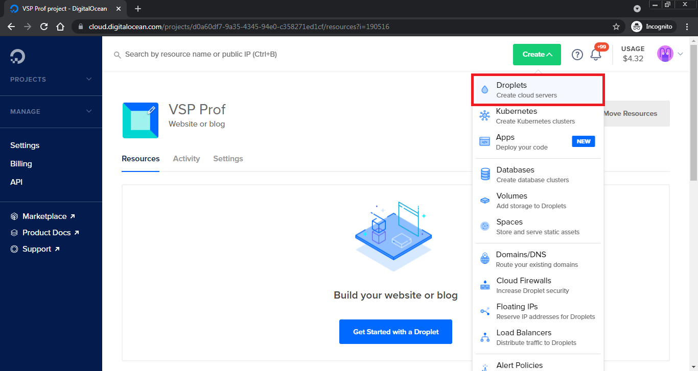 Digital Ocean Dashboard Create Droplet