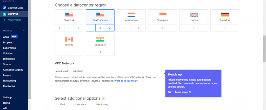 Digital Ocean Droplet Creation Datacenter Option