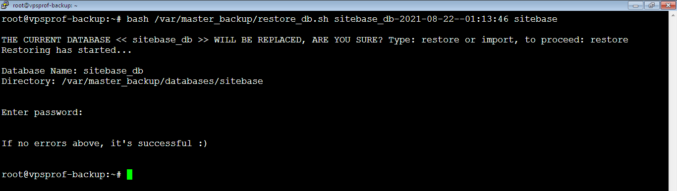 Run restoredb.sh Script for Sitebase Databaeses Success