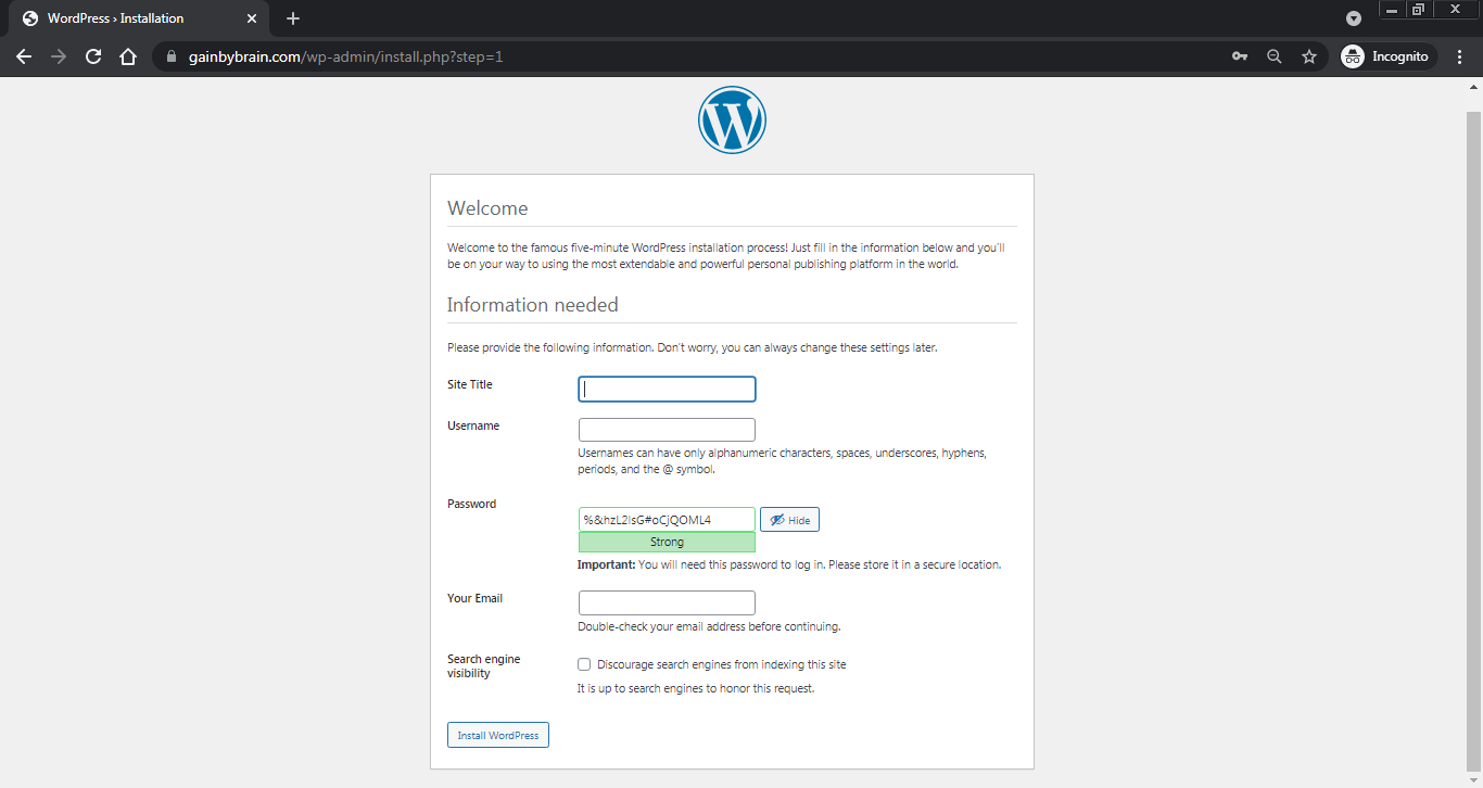 WordPress Installation Wizard Enter Admin Info