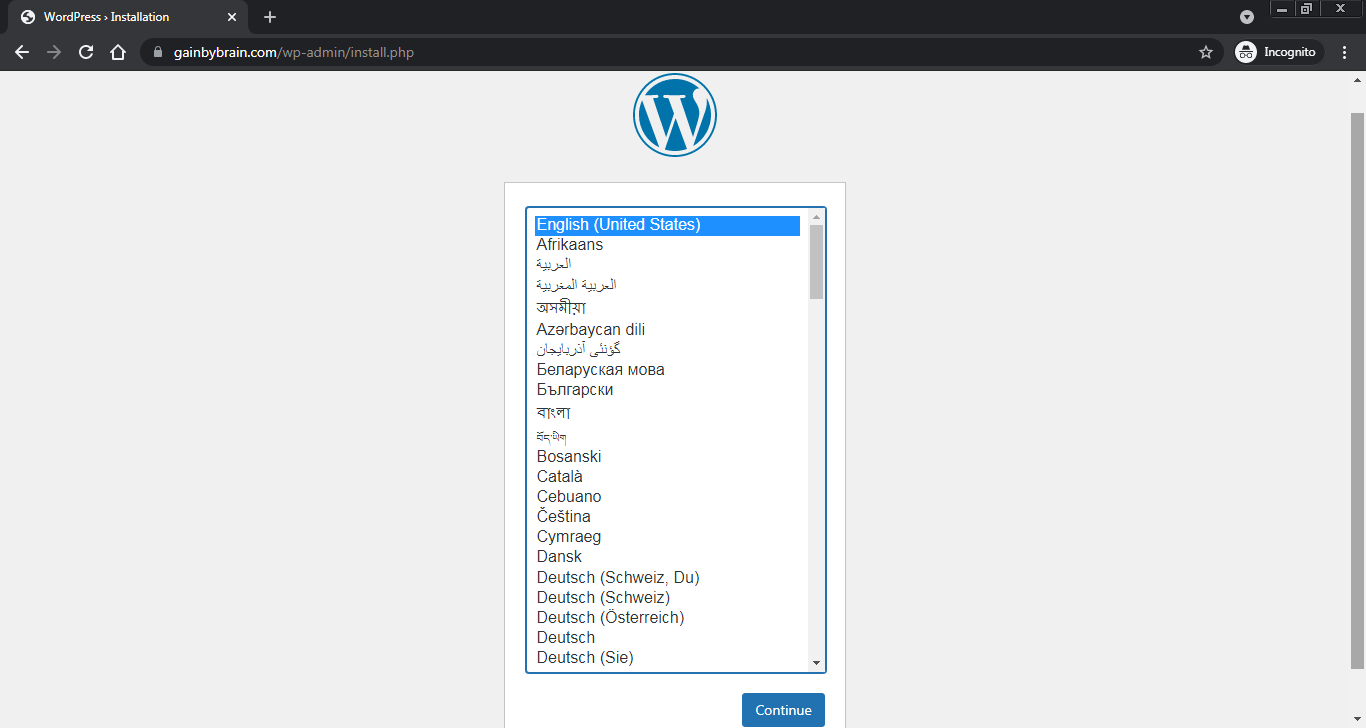WordPress Installation Wizard Choose Language