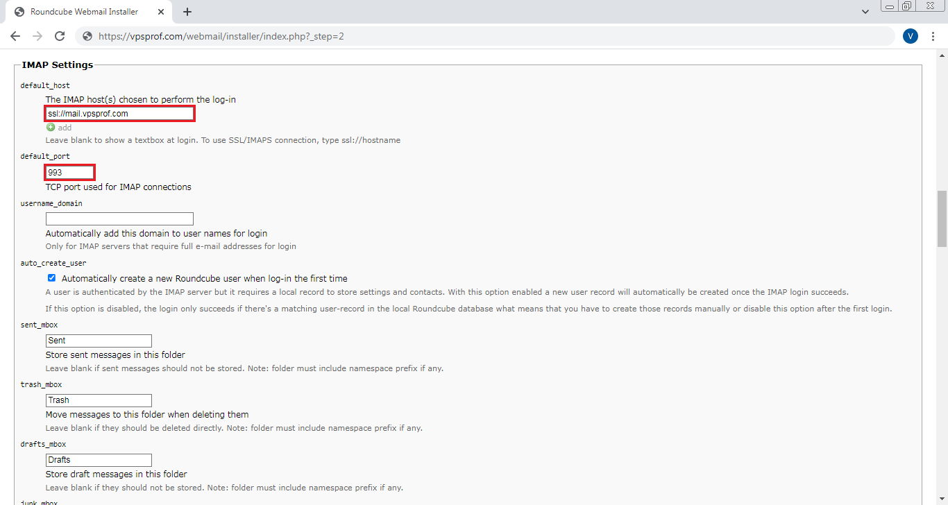 Roundcube Admin Panel IMAP Settings