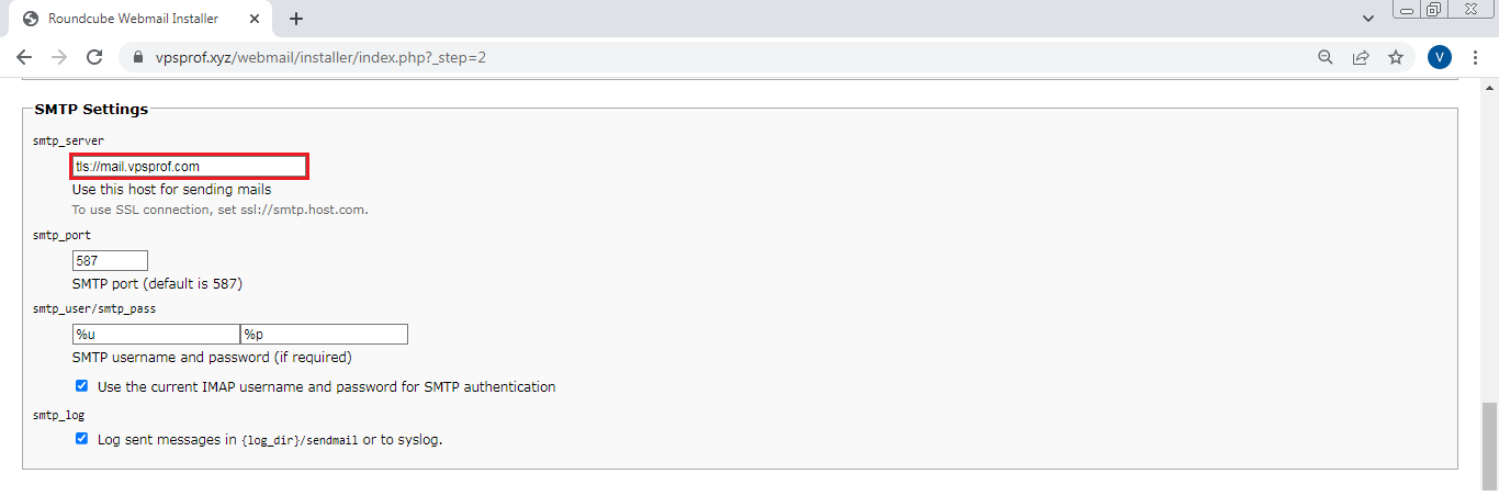 Roundcube Admin Panel SMTP Settings